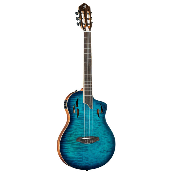 ORTEGA TourPlayer DeLuxe Nylon String Gitarre 6 String - geflammtes Ahorn Blau + Bag, RTPDLX-FMA